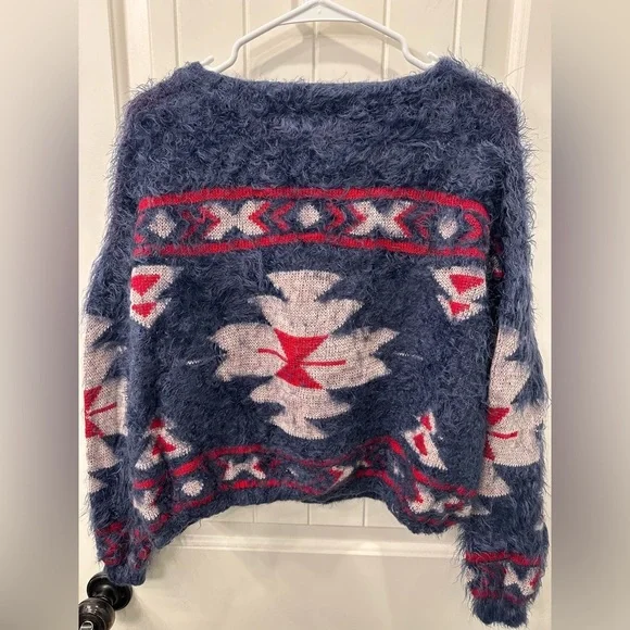 Angie Blue Red Tan Aztec Geometric Fuzzy Shag Pullover Sweater Size M - Picture 2 of 2